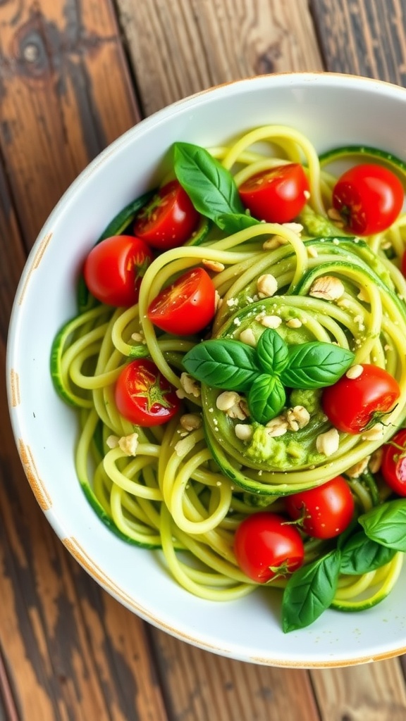 Zucchini noodles with avocado pesto and roasted cherry tomatoes, garnished with basil and pine nuts, on a rustic wooden table.